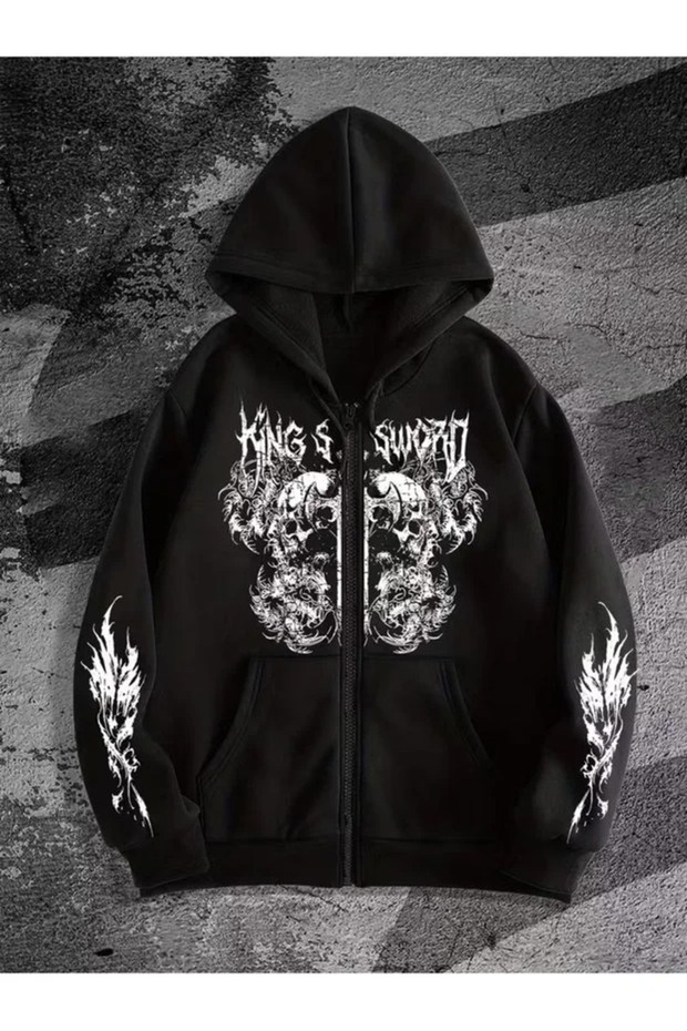 Cardigan - Black Printed Winter Oversized Hooded Zippered Pocketed Cardigan Unisex Clothing
