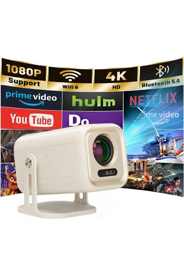 1080P Smart Projector Android 13.0, Auto Keystone,Auto Focus, 4X Brighter, 4K HDR Support, Rotatable