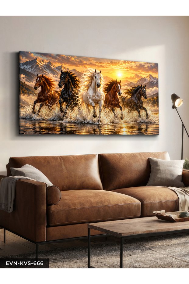 Horses Running Against a Mountain Landscape and Sunrise—Single-Piece Unframed Canvas - Canvas Painting