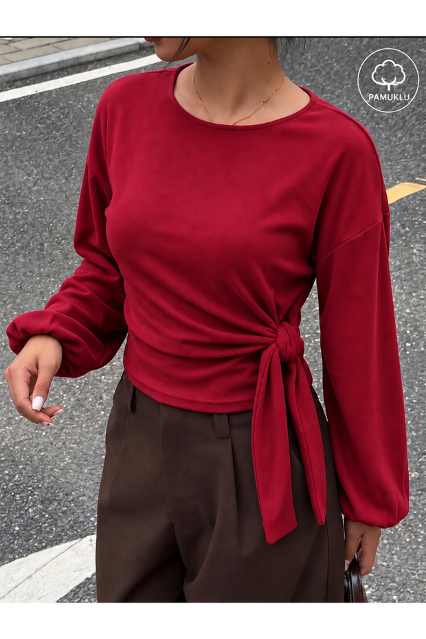 Cotton Side-Tie Balloon-Sleeve Blouse 0275