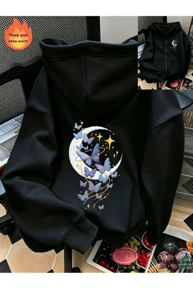 Cardigan - Black Printed Winter Oversized Hooded Zippered Pocketed Cardigan Unisex Clothing