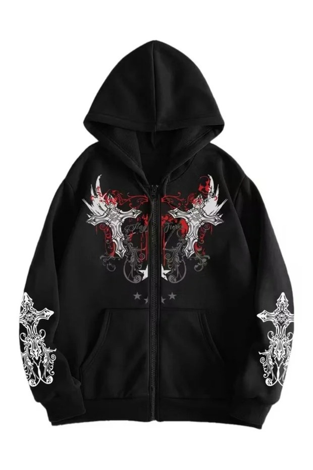 Cardigan - Black Printed Winter Oversized Hooded Zippered Pocketed Cardigan Unisex Clothing
