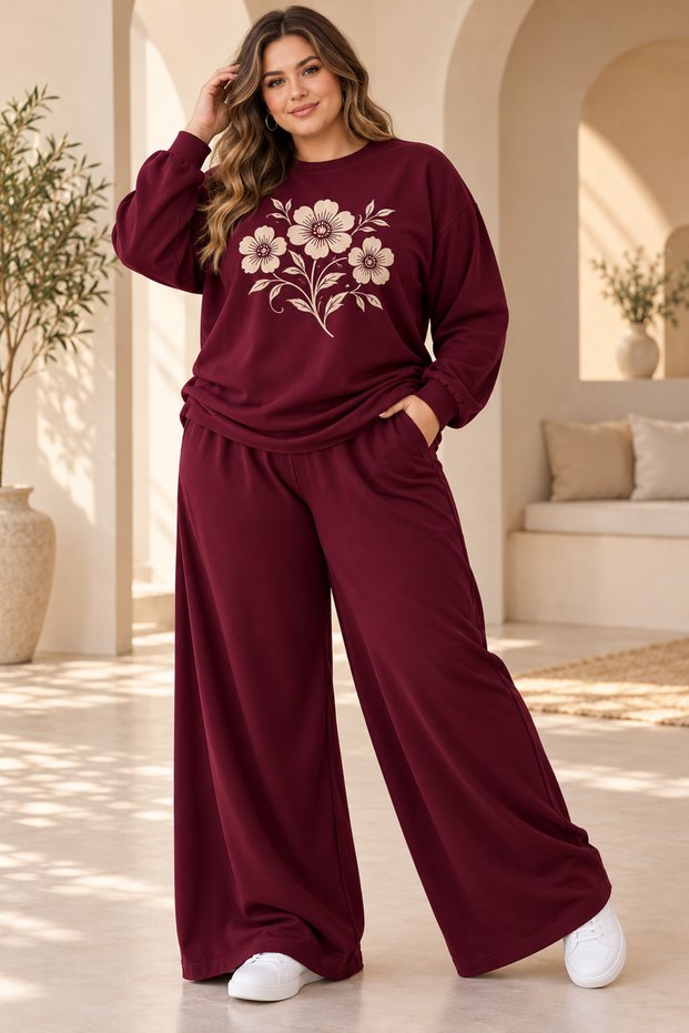 Women's Plus Size Floral-Print Oversized 2-Piece Sweatsuit Set with Wide-Leg Pants
