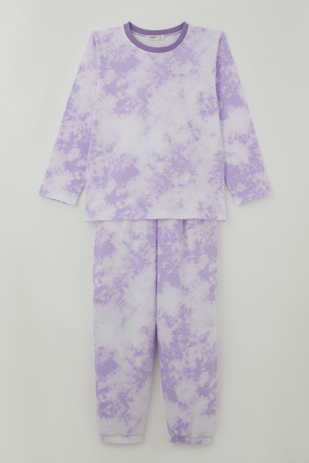 Girls' Pajama Set with Batik Print, Elasticated Hem and Cuffs, Ages 4–8, Lilac