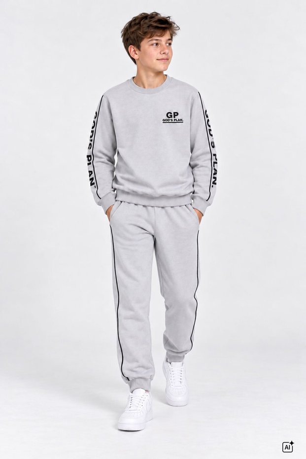 Gray Boys' Sweatsuit Set with Striped Detail and Printed Text, Crew Neck, 25015