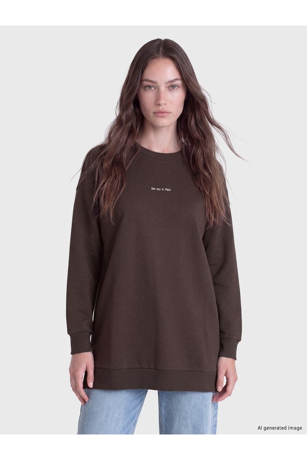Two Mt Shop Quality Lcw Modest Brown 3 Thread Threaded Embroidery Comfortable & Relax Women's Sweatshirt t