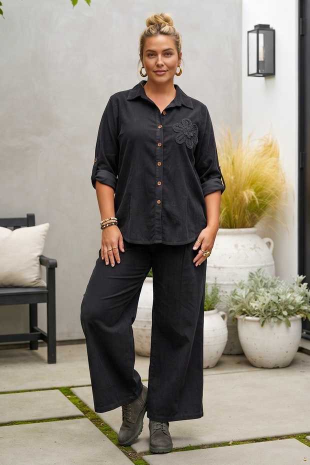 Italian Black Shirt Collar, Wide-Leg, Corduroy Woven Top and Bottom Set 77-102 70-68