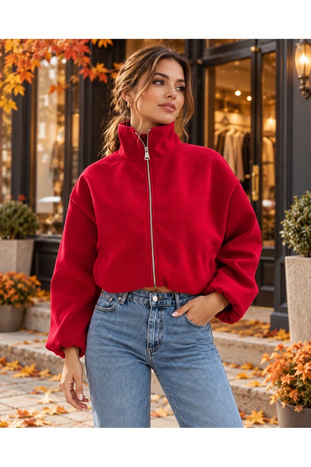 Ruby Red Mock Neck Zipper Balloon-Sleeve Jacket