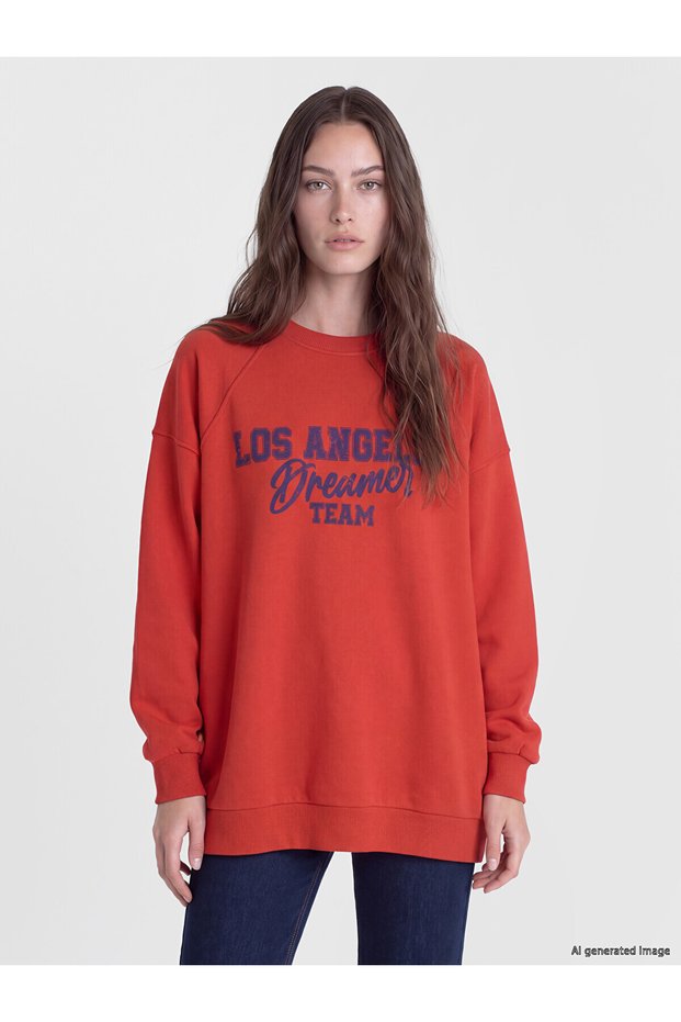 TWO MT SHOP QUALITY LCW Modest Red 3-Thread Brushed Inside Printed Oversized Women's Sweatshirt Tunic
