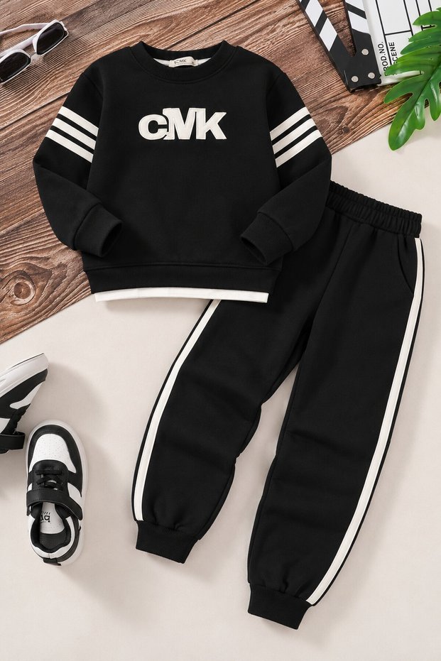 Black Boys' Summer Embroidered Crew Neck Sweatsuit Set 25052