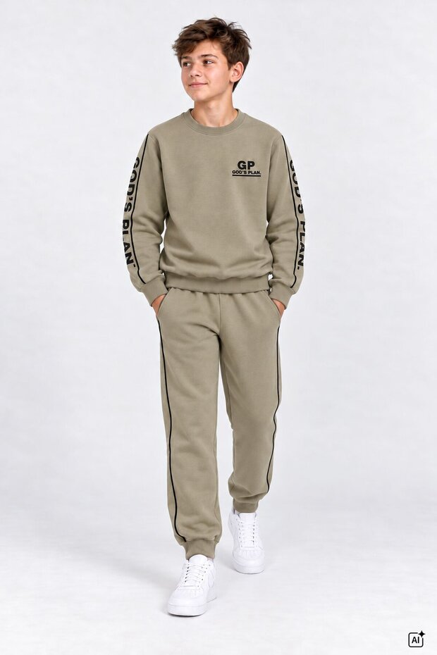 Khaki Boys' Sweatsuit Set with Striped Detail and Printed Text, Crew Neck, 25017