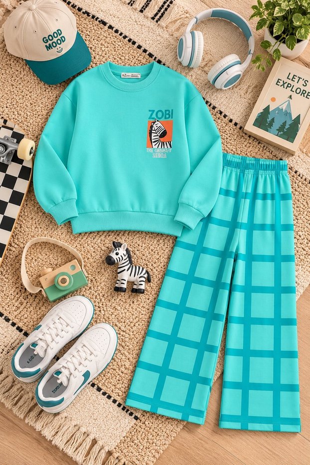 Turquoise Boys' Zebra-Print T-Shirt and Checked Square-Leg Pants 2-Piece Set 25095