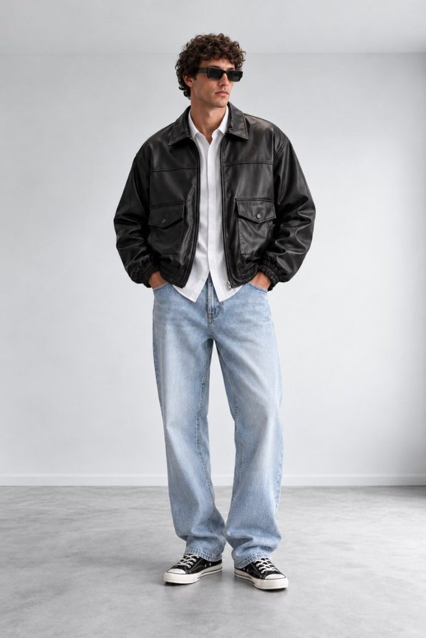 Men's Oversized Leather Bomber Jacket