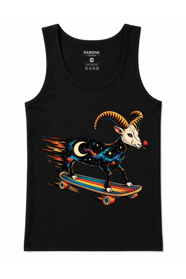 Cosmic Goat Rider – Galaxy-Patterned Skateboarding Goat and Moon-and-Star-Themed Tank Top