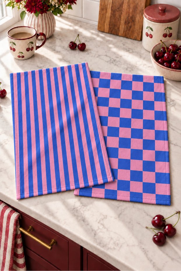 Candy Blue Striped and Checkered Pattern Digitally Printed 2-Piece Kitchen Towel Set, 35x55 cm