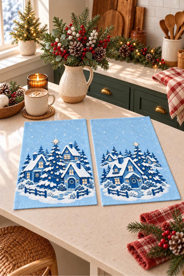 Snow Village Snowy Village Pattern Digitally Printed 2-Piece Kitchen Towel Set, 35x55 cm