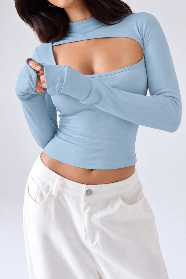 Women's Mock Neck Blouse with a Cutout at the Chest