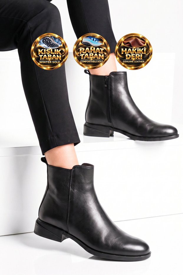 Black Genuine Leather Women's Classic Zip-Up Boots with Fleece-Lined Insulation 27492-1