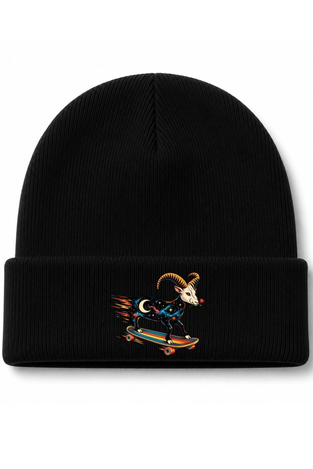 Cosmic Goat Rider – Galaxy-Patterned Skateboarding Goat and Moon-and-Star-Themed Beanie
