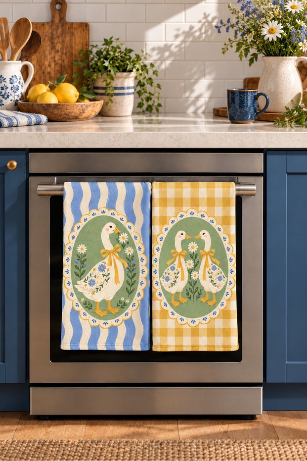 Daisy Goose with Bow Detail and Daisy-Patterned Digitally Printed 2-Piece Kitchen Towel Set, 35x55 cm