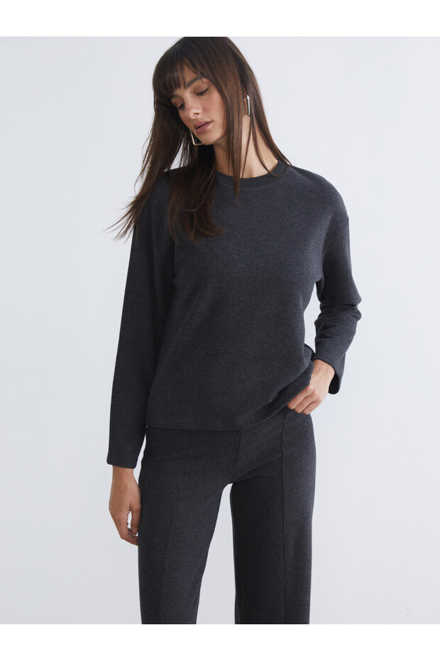 LCW Vision Anthracite Oval-Neck Women's Sweatshirt, Featuring the ALITA CITY Touch