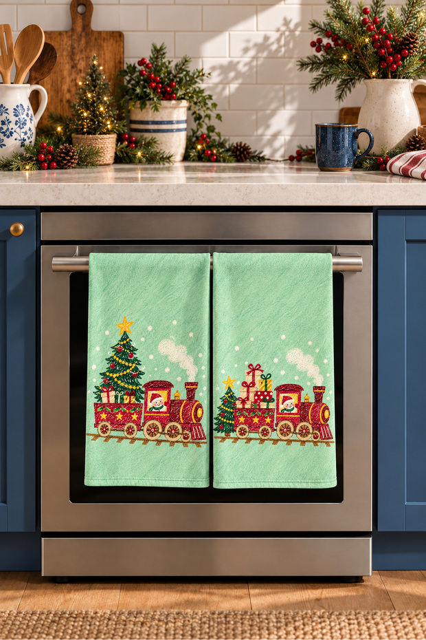 Christmas Express New Year's Train-Digitally Printed 2-Piece Kitchen Towel Set, 35x55 cm