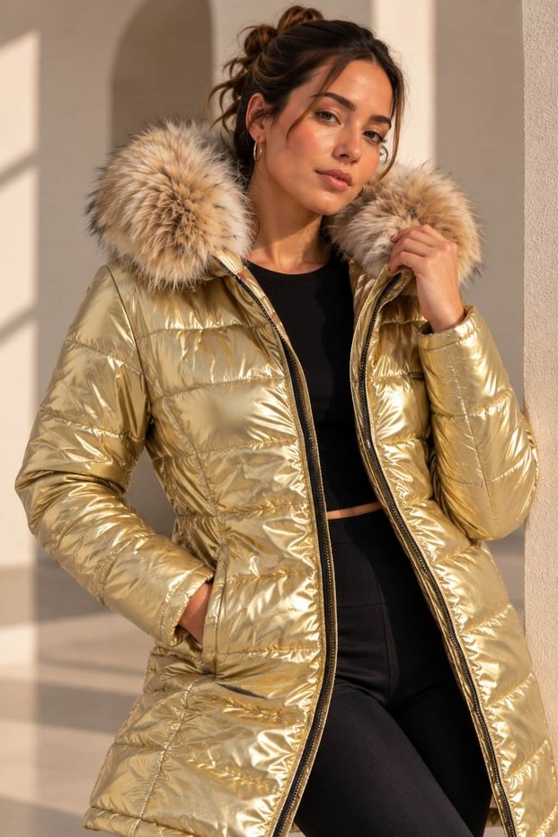 Shiny Gold Puffer Coat with Fur Hood ST7834