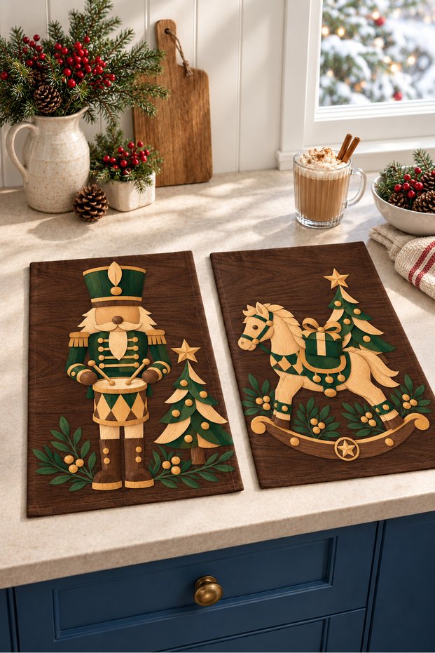 Wooden Nutcracker and Toy Horse Pattern Digitally Printed 2-Piece Kitchen Towel Set, 35x55 cm