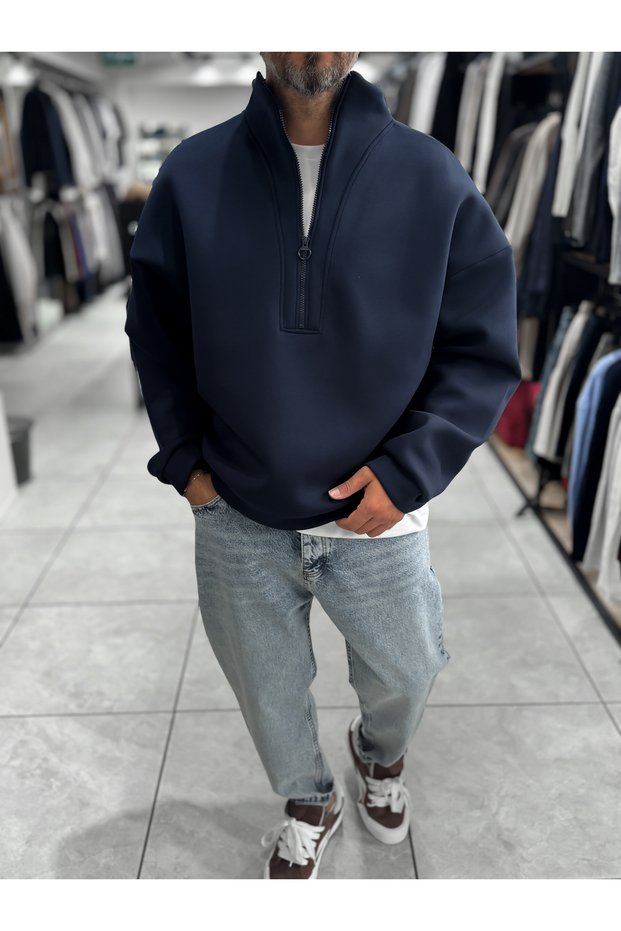 Navy Blue Panda-Print Sweatshirt with half-zip HM-