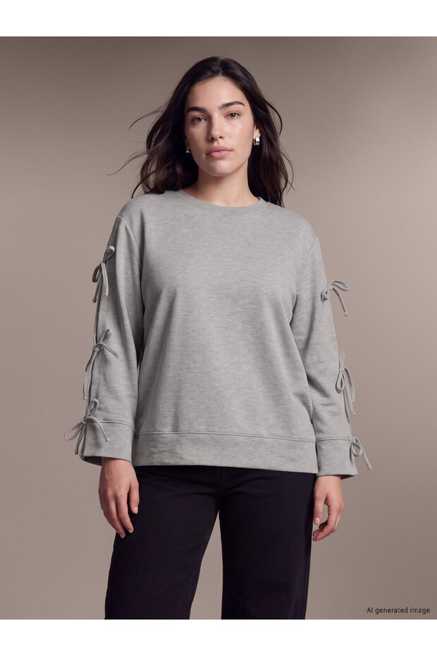 LCW Petite Gray Bow-Tie Women's Sweatshirt, Featuring the ALITA CITY Touch with Tie-Detail