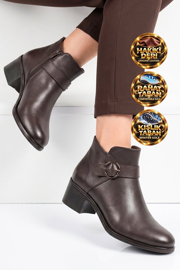 Coffee-Colored Genuine Leather Zip Detail Stylish and Comfortable Women's Zip-Up Boots with Buckle Detail 24116-1