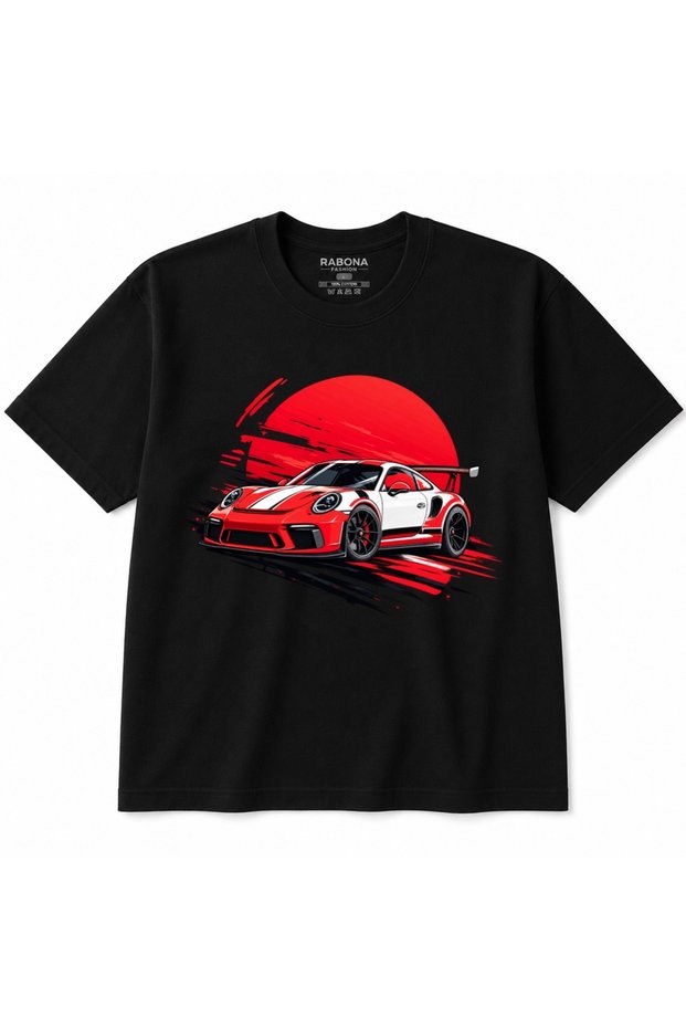 Redline Racing – Red and White GT3 Race Car and Japanese Sun-Themed T-Shirt