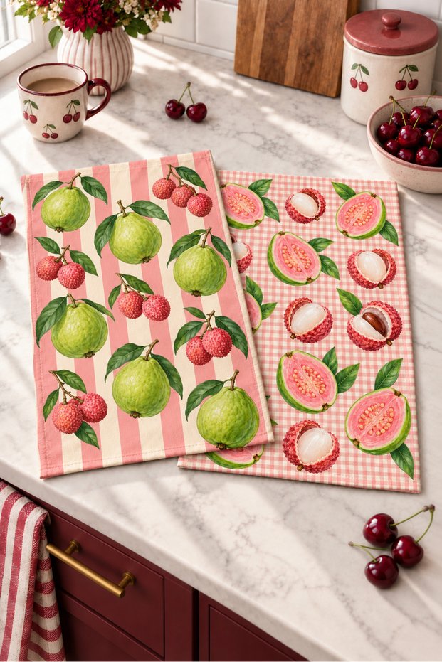 Set of 2 Digitally Printed Kitchen Towels with Guava and Lychee Patterns, 35x55 cm