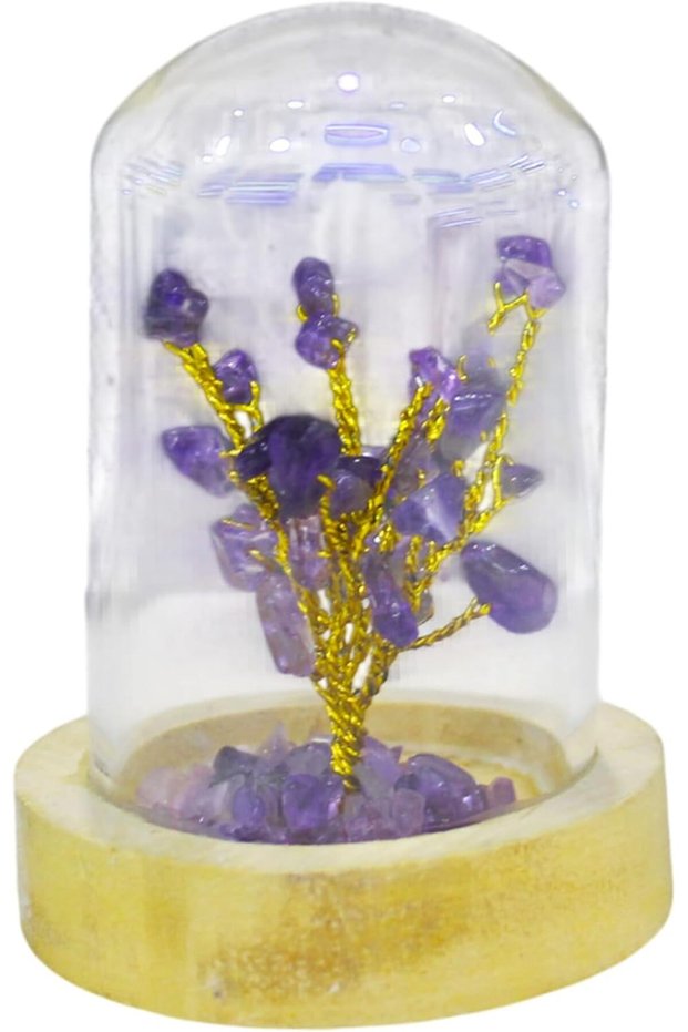 Latas Natural Amethyst Stone Tree in a Glass Dome with Wooden Base | Artificial Bonsai Feng Shui Money Tree & Good Luck for Home & Office 02