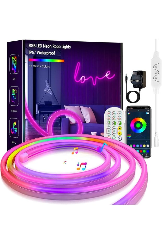 شريط إضاءة LED بطول 5 متر، شريط LED نيون قابل للبرمجة، إضاءة حبل نيون LED RGB مع جهاز تحكم عن بعد، إضاءة ذكية