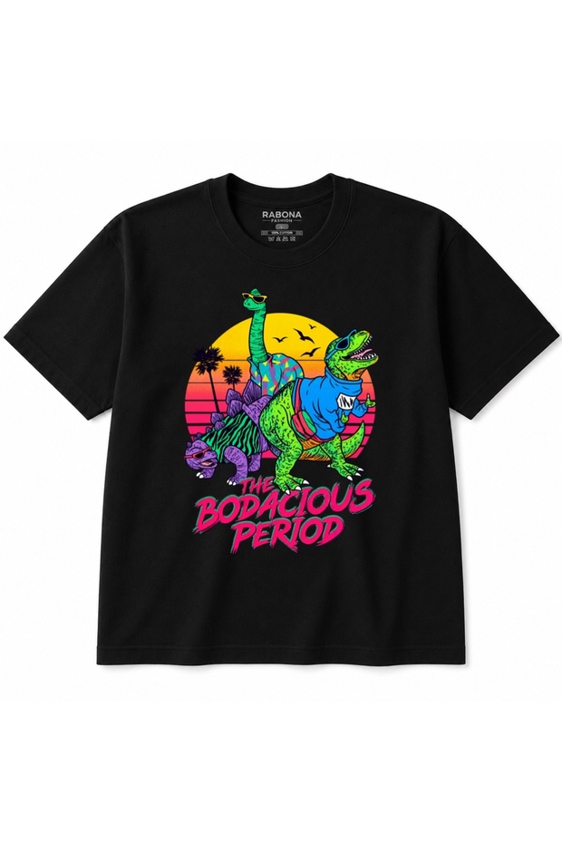 The Bodacious Period – Retro '80s-Style Colorful Dinosaurs and Sunset-Themed T-Shirt