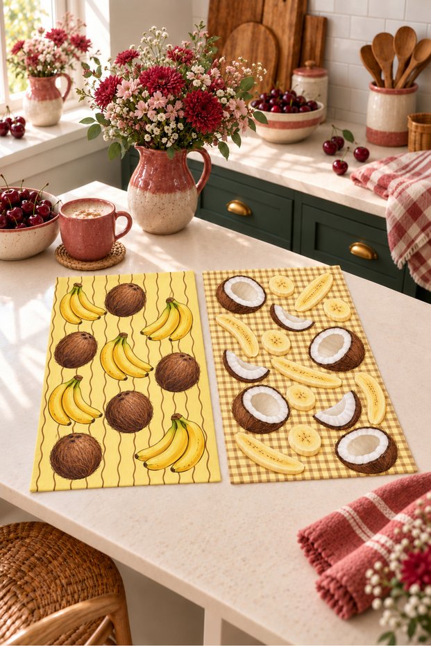 Set of 2 Digitally Printed Kitchen Towels with Banana and Coconut Patterns, 35x55 cm