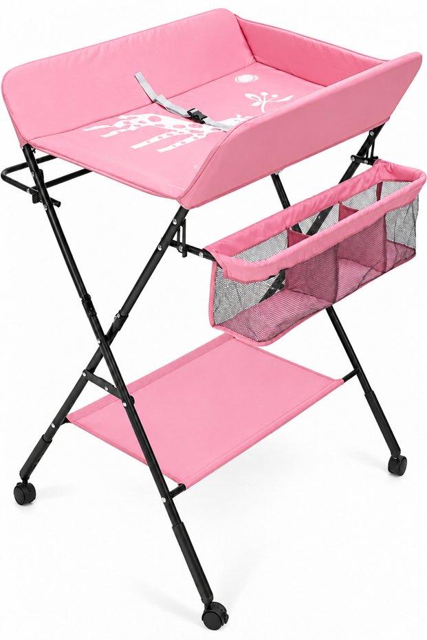 Foldable Baby Diaper Changing Table with Wheels, Adjustable Height, Organizer & Storage Shelf