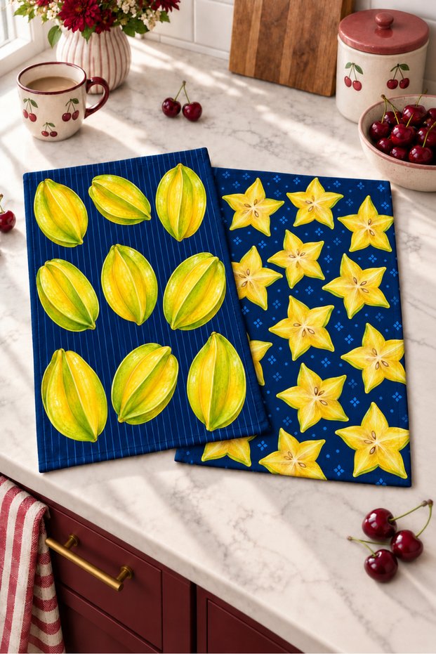 Star Fruit (Carambola) Pattern Digitally Printed 2-Piece Kitchen Towel Set, 35x55 cm