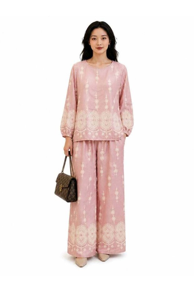 Women Printed Co-ord Set One Size, Loose Fit Long Sleeve Round Neck Top