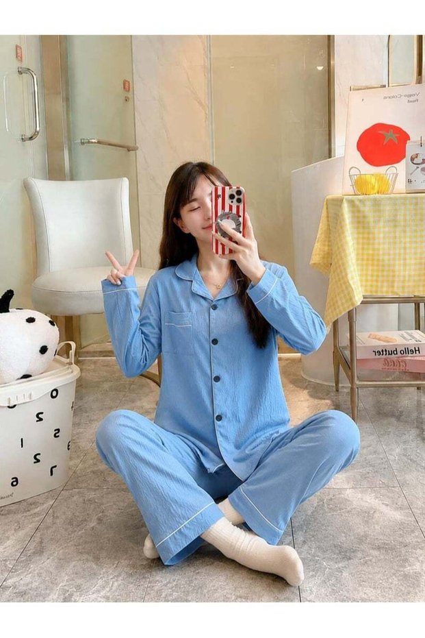 Women All Over Printed Pajama Set One Size, Elegant Long Sleeve Top and Wide Leg Palazzo Pants