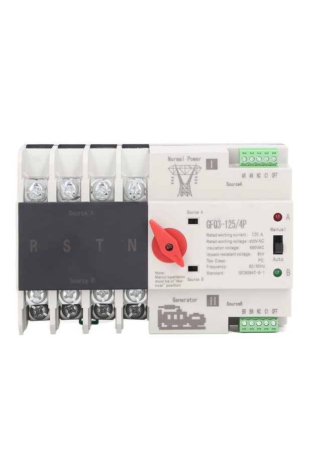 4P Automatic Transfer Switch 35mm Rail Mount Dual Power Generator Changeover Switch AC400V 125A