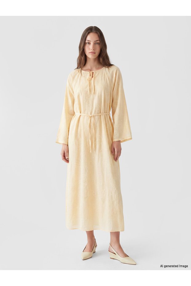 LCW Comfort Yellow Poplin Embroidered Dress, Featuring the ALITA CITY Touch