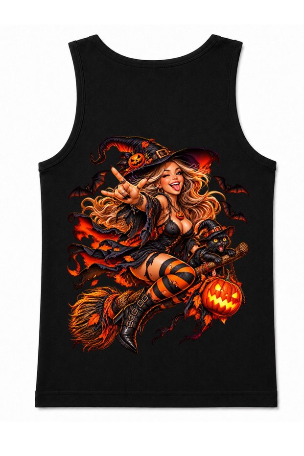 Halloween Witch – A Fantastic Tank Top Featuring a Witch Girl, a Black Cat, a Pumpkin, and a Bat