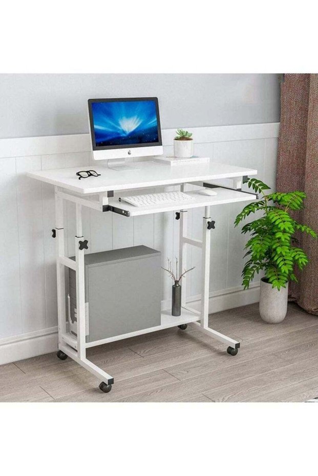 Height Adjustable Mobile Laptop Side Table, Rolling Sofa Side Desk 60 x 45 x 85 cm, White