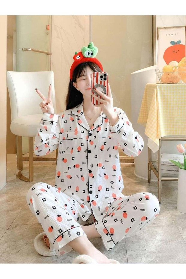Women Elegant Two Piece Printed Pajama Set One Size, Long Sleeve Round Neck Loose Top