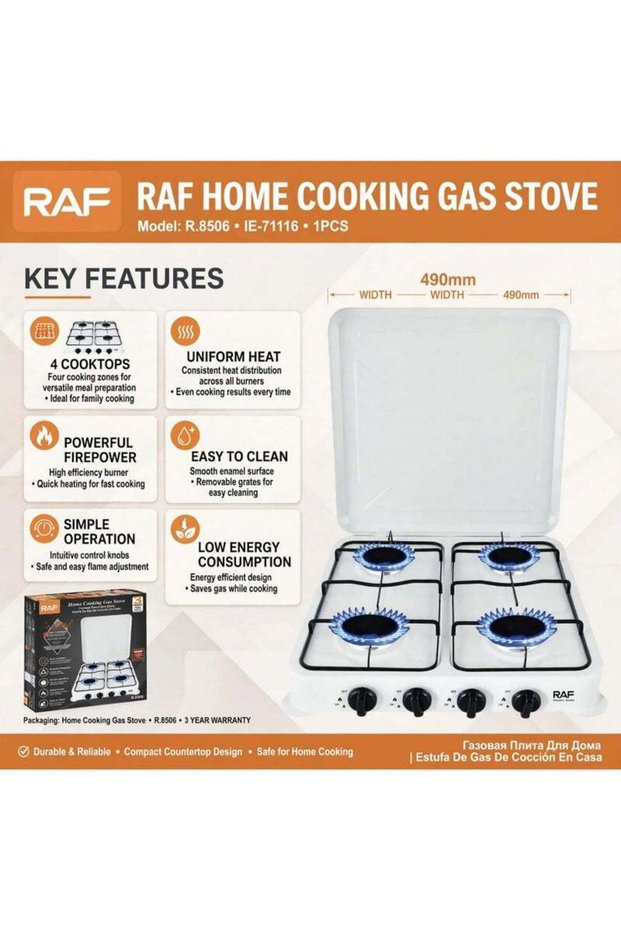 R.8506 Table Top Gas Stove 4 Burners, 490mm Portable Cooktop with Cover Lid, White
