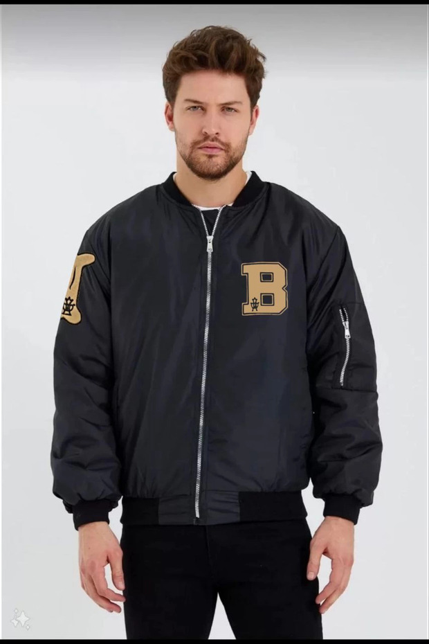 Men's black bomber college jacket with letter b bone print, water-repellent, and quilted lining - black
