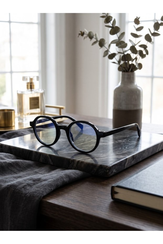 Modal, stylish PC screen reading glasses with blue light protection and round frames; interchangeable lenses