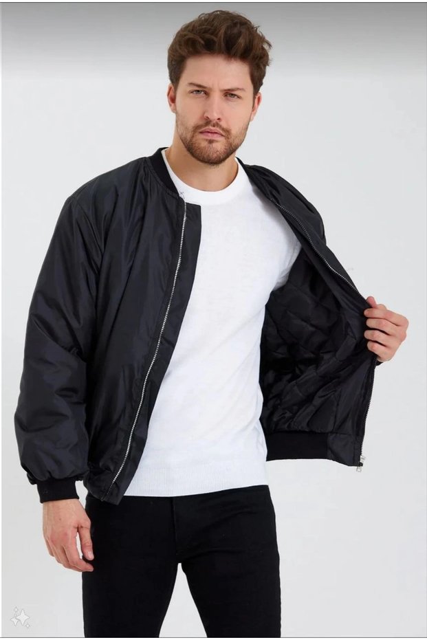 Men's Black Bomber Coat Water-Repellent K Quilted a Lined Zippered Jacket - Black